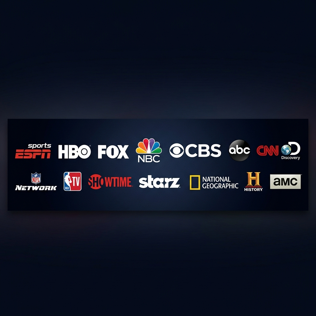 US TV channel logos including ESPN, HBO, FOX, NBC, CBS, CNN, NFL Network, NBA TV, Showtime, Starz, Disney